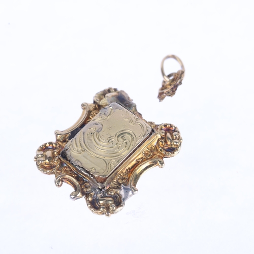 1107 - An Antique 19th century 18ct gold vinaigrette pendant, the hinged cover with engine turned decoratio... 