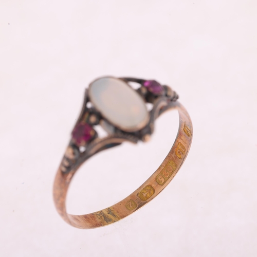 1108 - A Victorian 15ct gold three stone opal and ruby ring, maker JP, Birmingham 1874, rub-over set with o... 