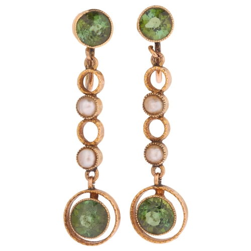 1112 - A pair of Edwardian 15ct peridot and pearl drop earrings, set with round-cut peridots separated by s... 