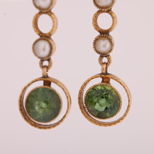 1112 - A pair of Edwardian 15ct peridot and pearl drop earrings, set with round-cut peridots separated by s... 