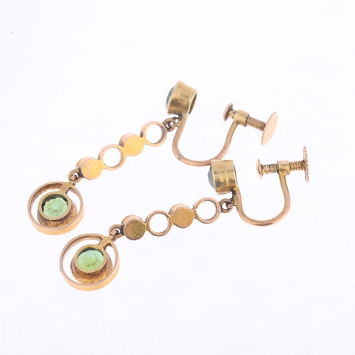 1112 - A pair of Edwardian 15ct peridot and pearl drop earrings, set with round-cut peridots separated by s... 