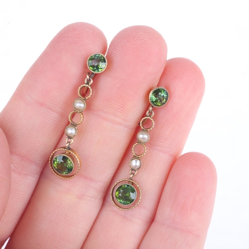 1112 - A pair of Edwardian 15ct peridot and pearl drop earrings, set with round-cut peridots separated by s... 