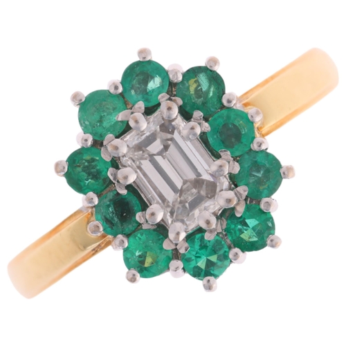 1113 - An 18ct gold emerald and diamond cluster ring, claw set with central 0.5ct octagonal step-cut diamon... 