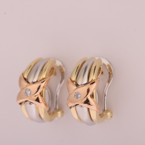 1114 - A pair of 14ct two-colour gold diamond half hoop earrings, with clip and post fittings, 16.3mm, 6.5g