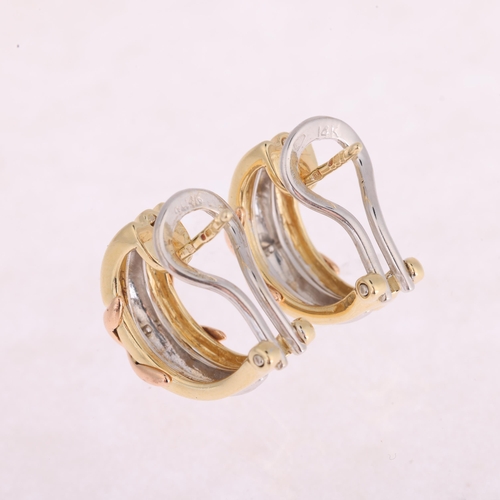 1114 - A pair of 14ct two-colour gold diamond half hoop earrings, with clip and post fittings, 16.3mm, 6.5g