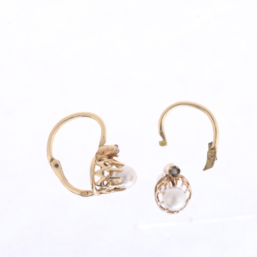 1116 - A pair of Antique French 18ct gold Dormeuse earrings, each set with a 3.9mm whole pearl, French assa... 