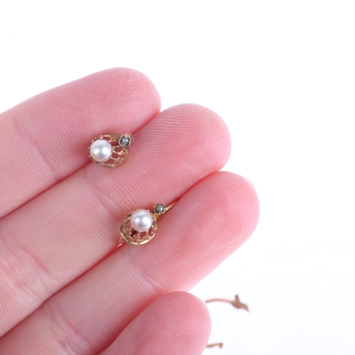 1116 - A pair of Antique French 18ct gold Dormeuse earrings, each set with a 3.9mm whole pearl, French assa... 