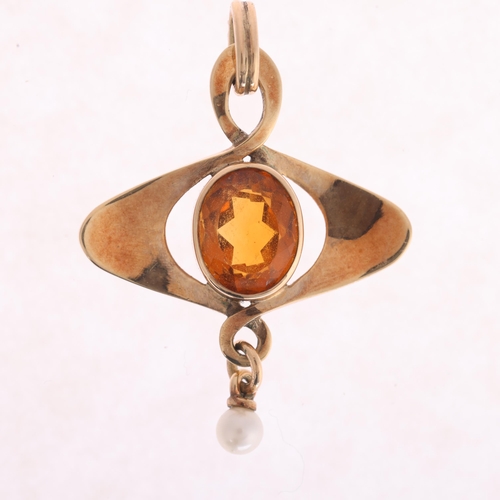 1118 - An Art Nouveau style 9ct gold citrine and pearl openwork pendant, maker RDS, London 1988, rub-over s... 