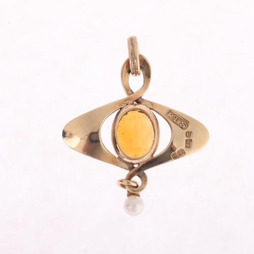 1118 - An Art Nouveau style 9ct gold citrine and pearl openwork pendant, maker RDS, London 1988, rub-over s... 