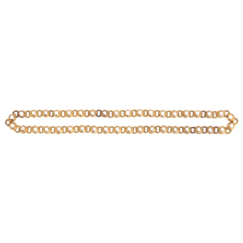 1122 - A 22ct gold pearl line bracelet, set with split pearls, apparently unmarked and tests as 22ct, 16cm,... 