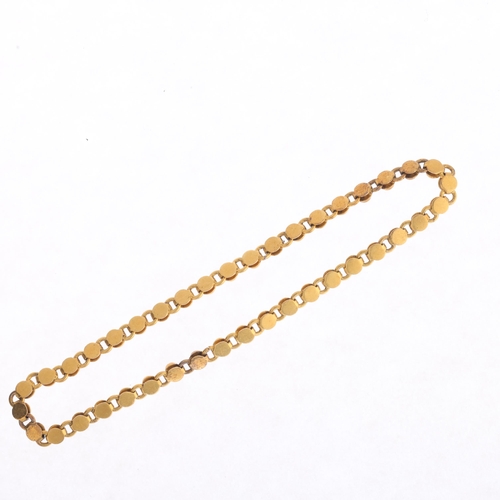 1122 - A 22ct gold pearl line bracelet, set with split pearls, apparently unmarked and tests as 22ct, 16cm,... 