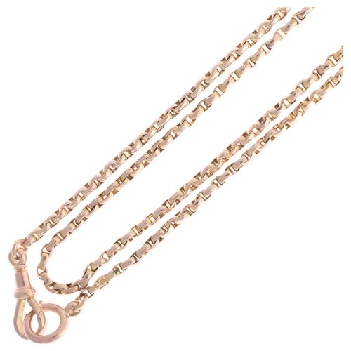 1127 - An Antique 9ct rose gold belcher link long guard muff chain, with 9ct dog clip and bolt clasp, 140cm... 