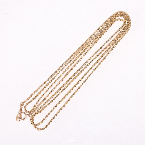 1127 - An Antique 9ct rose gold belcher link long guard muff chain, with 9ct dog clip and bolt clasp, 140cm... 