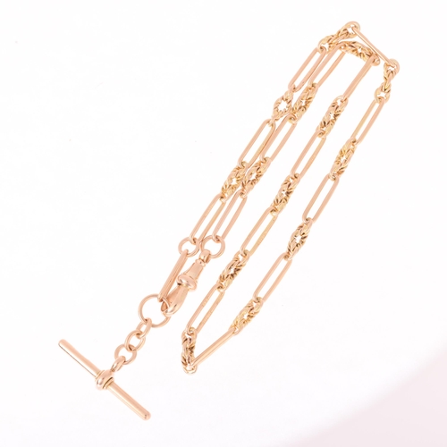 1130 - An Antique 15ct rose gold fancy link Albert chain necklace, maker JES, Chester 1903, with 15ct T-bar... 