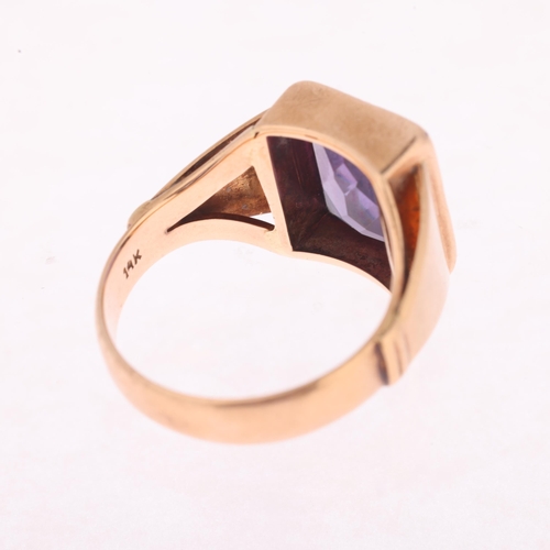 1132 - A 14ct gold synthetic sapphire signet ring, rub-over set with rectangular flat-top synthetic sapphir... 