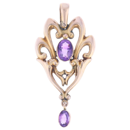 1133 - An Art Nouveau Edwardian 9ct rose gold amethyst openwork pendant, Henry Matthews, Birmingham 1908, r... 