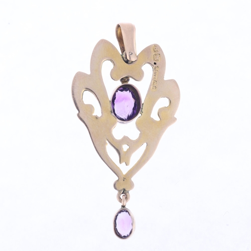 1133 - An Art Nouveau Edwardian 9ct rose gold amethyst openwork pendant, Henry Matthews, Birmingham 1908, r... 