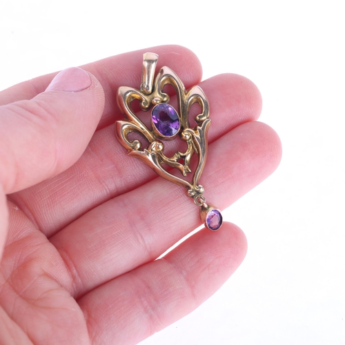 1133 - An Art Nouveau Edwardian 9ct rose gold amethyst openwork pendant, Henry Matthews, Birmingham 1908, r... 