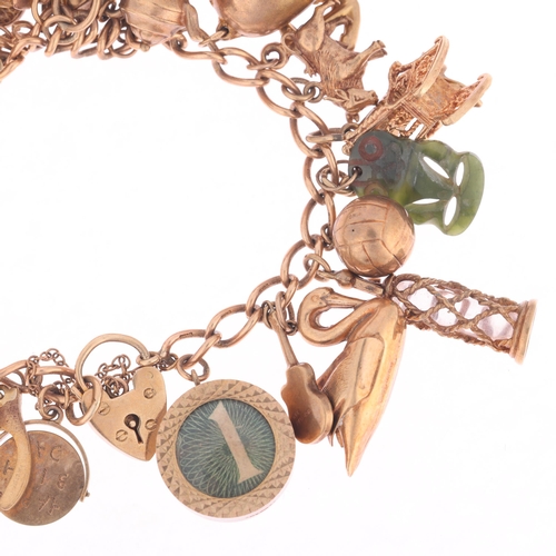 1134 - A 9ct rose gold curb link charm bracelet, with various 9ct gold charms, including swan, green stone ... 