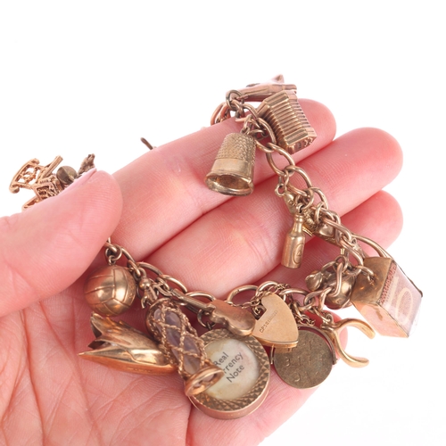 1134 - A 9ct rose gold curb link charm bracelet, with various 9ct gold charms, including swan, green stone ... 