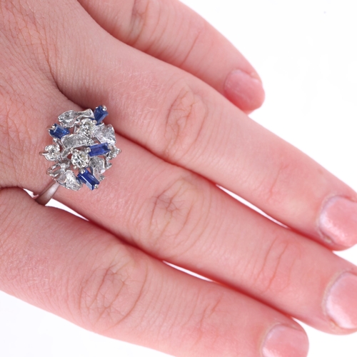 1136 - An 18ct white gold sapphire and diamond abstract cocktail ring, set with baguette-cut sapphires and ... 