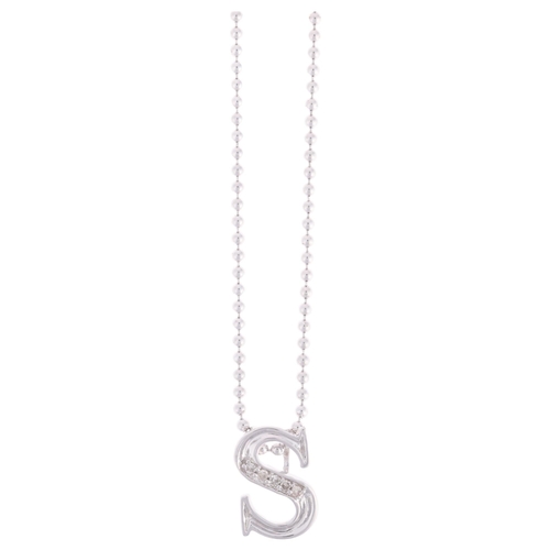 1139 - An 18ct white gold diamond initial S pendant necklace, on 9ct white gold bead link chain, pendant 13... 