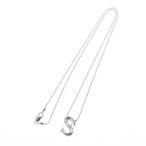 1139 - An 18ct white gold diamond initial S pendant necklace, on 9ct white gold bead link chain, pendant 13... 