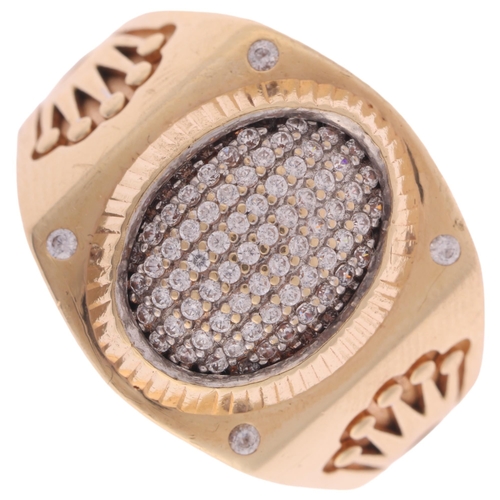 1140 - A large 14ct gold cubic zirconia Rolex style signet ring, pave set with round-cut cubic zirconia, wi... 