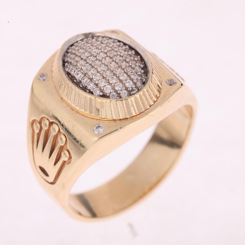 1140 - A large 14ct gold cubic zirconia Rolex style signet ring, pave set with round-cut cubic zirconia, wi... 