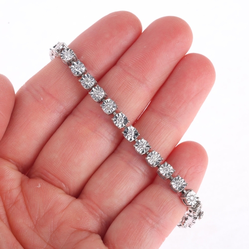 1141 - A 14ct white gold diamond tennis line bracelet, illusion set with modern round brilliant-cut diamond... 