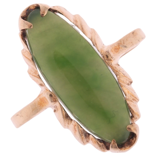 1143 - A 9ct gold jadeite panel ring, set with marquise cabochon jade, setting height 20.5mm, size M, 2.7g