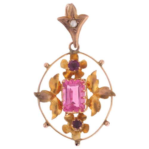 1145 - An Art Nouveau Edwardian 9ct gold pink paste amethyst and pearl floral openwork pendant, maker W Bro... 