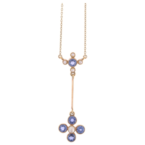 1146 - An Edwardian 15ct gold sapphire and split pearl drop pendant necklace, circa 1905, millegrain set wi... 