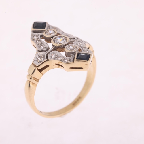 1150 - A 9ct gold sapphire and cubic zirconia plaque ring, maker DJ, import London 1989, in the Art Deco st... 