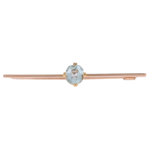 1151 - A 9ct rose gold aquamarine bar brooch, claw set with 1.7ct oval mixed-cut aquamarine, unmarked mount... 