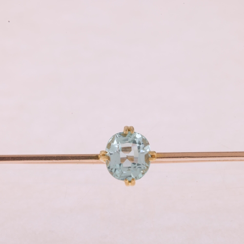 1151 - A 9ct rose gold aquamarine bar brooch, claw set with 1.7ct oval mixed-cut aquamarine, unmarked mount... 