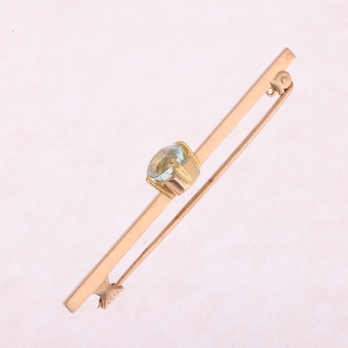 1151 - A 9ct rose gold aquamarine bar brooch, claw set with 1.7ct oval mixed-cut aquamarine, unmarked mount... 