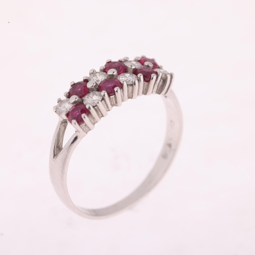 1152 - An 18ct white gold ruby and diamond double-row half hoop ring, claw set with round-cut rubies and mo... 