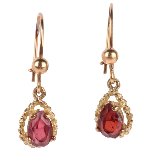 1153 - A pair of 9ct gold garnet drop earrings, set with pear-cut garnets, with kidney wire hook fittings, ... 