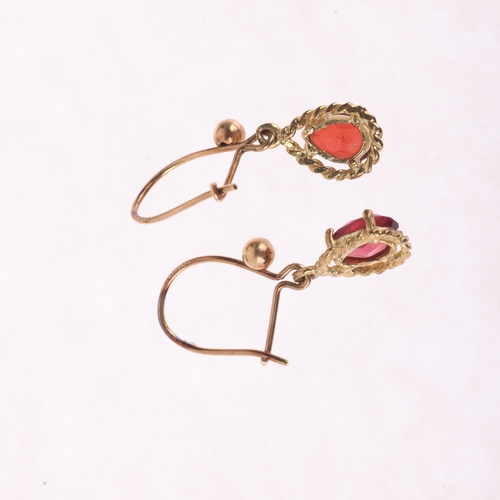 1153 - A pair of 9ct gold garnet drop earrings, set with pear-cut garnets, with kidney wire hook fittings, ... 