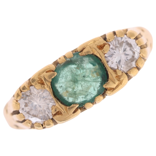 1154 - An 18ct gold three stone emerald and diamond half hoop ring, maker SEC, London 1975, set with round-... 