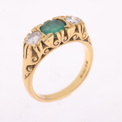 1154 - An 18ct gold three stone emerald and diamond half hoop ring, maker SEC, London 1975, set with round-... 