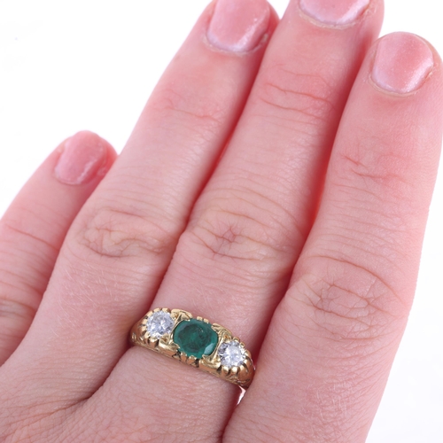 1154 - An 18ct gold three stone emerald and diamond half hoop ring, maker SEC, London 1975, set with round-... 