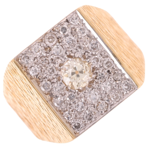 1155 - An 18ct gold diamond signet ring, pave set with old European and eight-cut diamonds, total diamond c... 