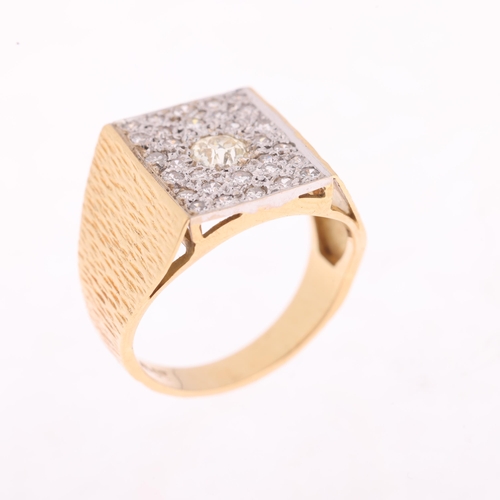 1155 - An 18ct gold diamond signet ring, pave set with old European and eight-cut diamonds, total diamond c... 