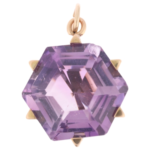 1156 - A 14ct gold amethyst drop pendant, set with hexagonal step-cut amethyst, unmarked mount tests as 14c... 