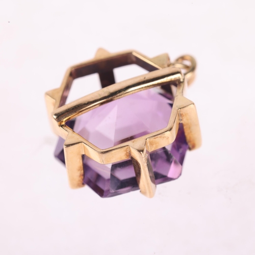 1156 - A 14ct gold amethyst drop pendant, set with hexagonal step-cut amethyst, unmarked mount tests as 14c... 