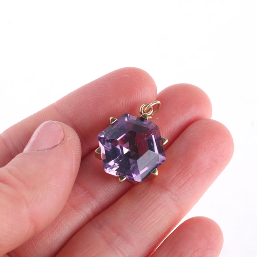 1156 - A 14ct gold amethyst drop pendant, set with hexagonal step-cut amethyst, unmarked mount tests as 14c... 