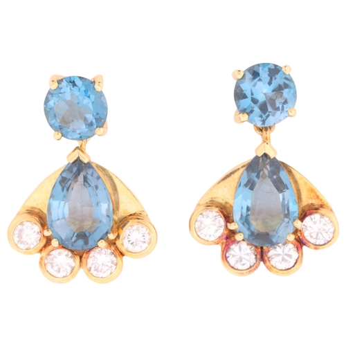 1159 - A pair of 18ct gold blue topaz diamond fan drop earrings, in the Art deco style, set with round and ... 