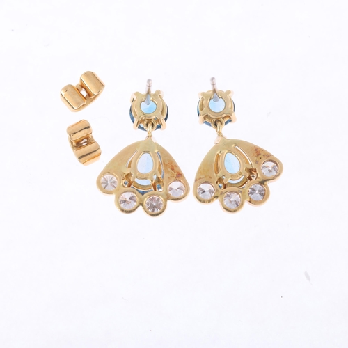 1159 - A pair of 18ct gold blue topaz diamond fan drop earrings, in the Art deco style, set with round and ... 